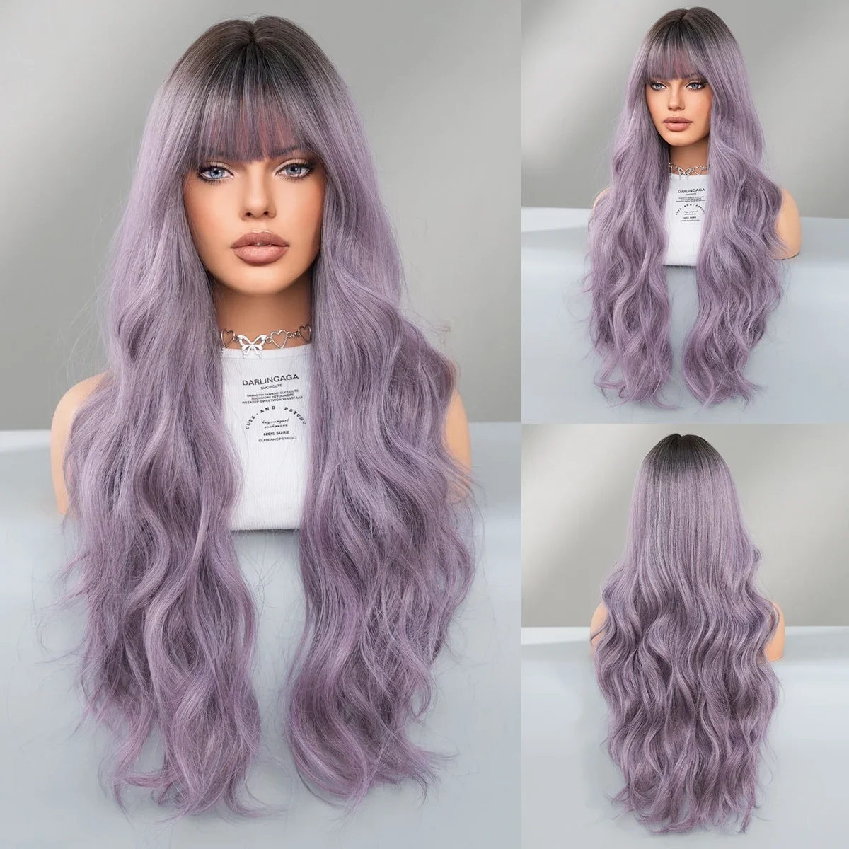 PARK YUN Synthetic Wig  Loose Water Wavy Purple Wig With Dark Roots High Density Long Wavy Hair Wigs With Neat Bangs