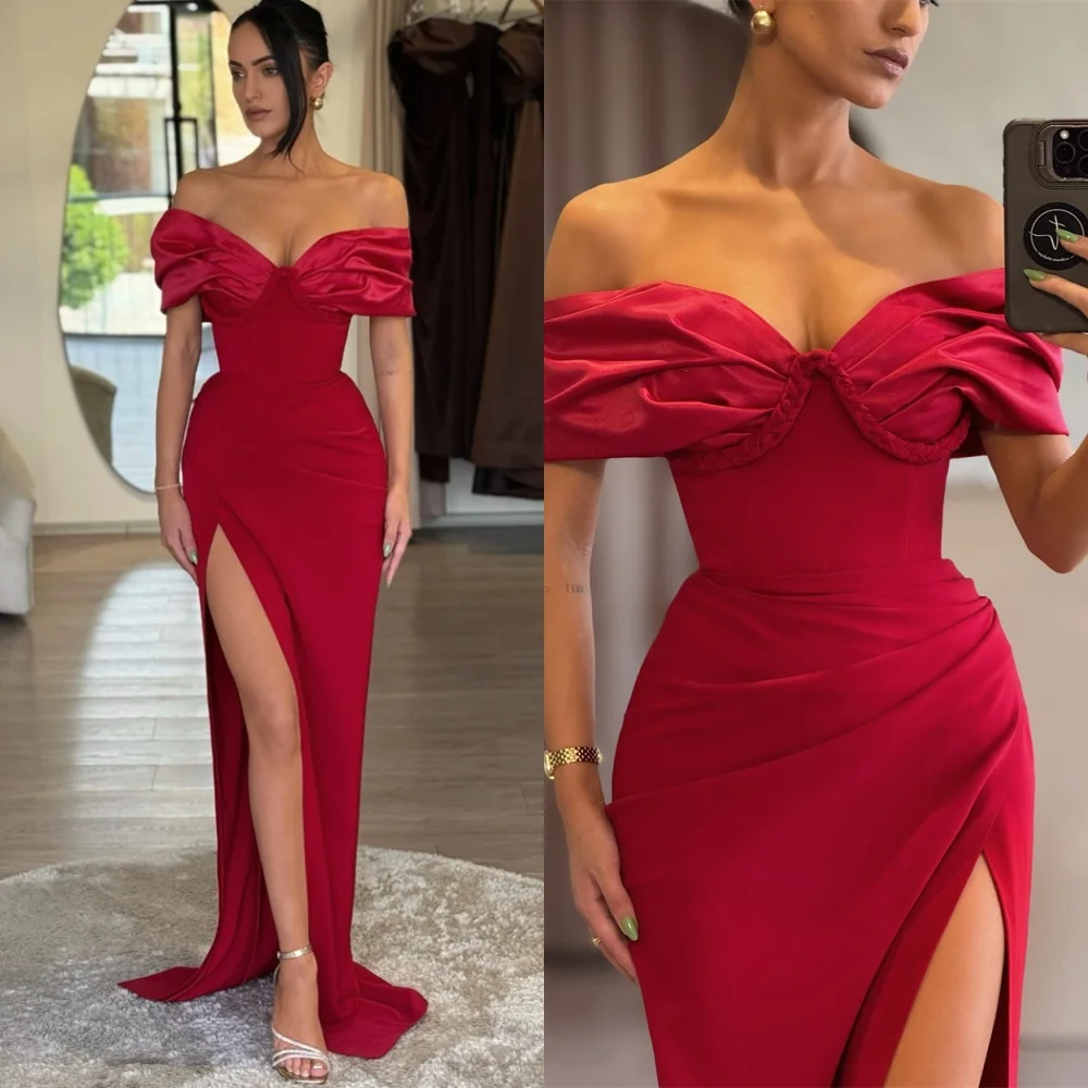 

Customized Elegant Red Jersey Evening Dress Formal Off the Shoulder Homecoming Dresses Temperament Special Occasion Gowns