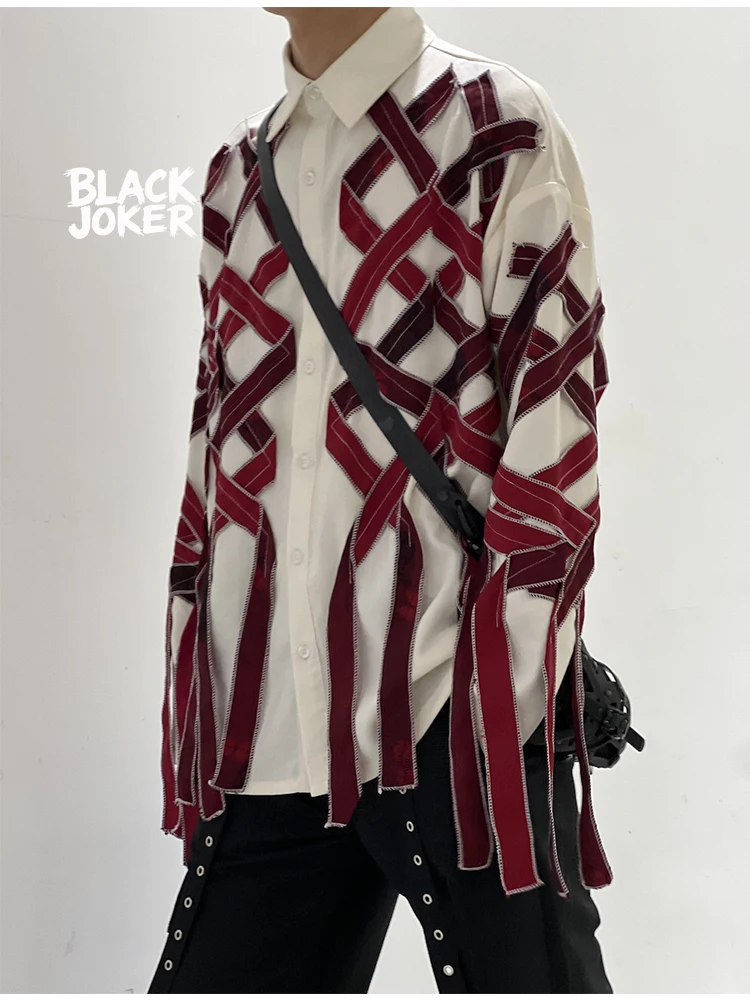 BLACK JOKER Original Design Red Twisted Edge Japanese Style Vintage Stitching Tassel Shirt Loose Long Sleeve Shirt unisex tops