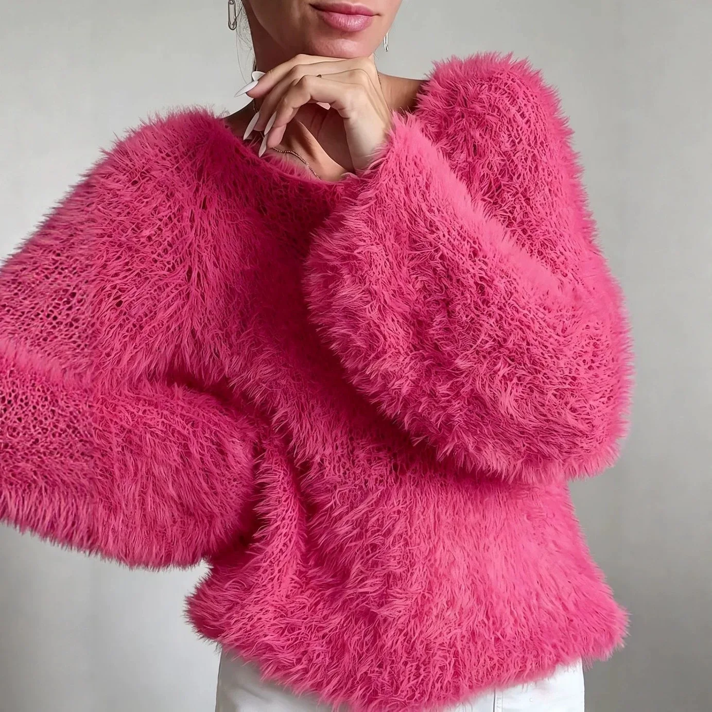 Women Soft Fluffy Fuzzy Knit Sweater, Solid Color Crew Neck Long Sleeve Loose Fit Gentle Furry Pullover Top