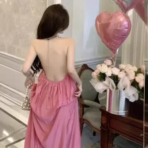 

Backless Neck French Sweet Holiday Beach Dress 2024 Summer New Large Size Loose off-the-shoulder Sexy Dress