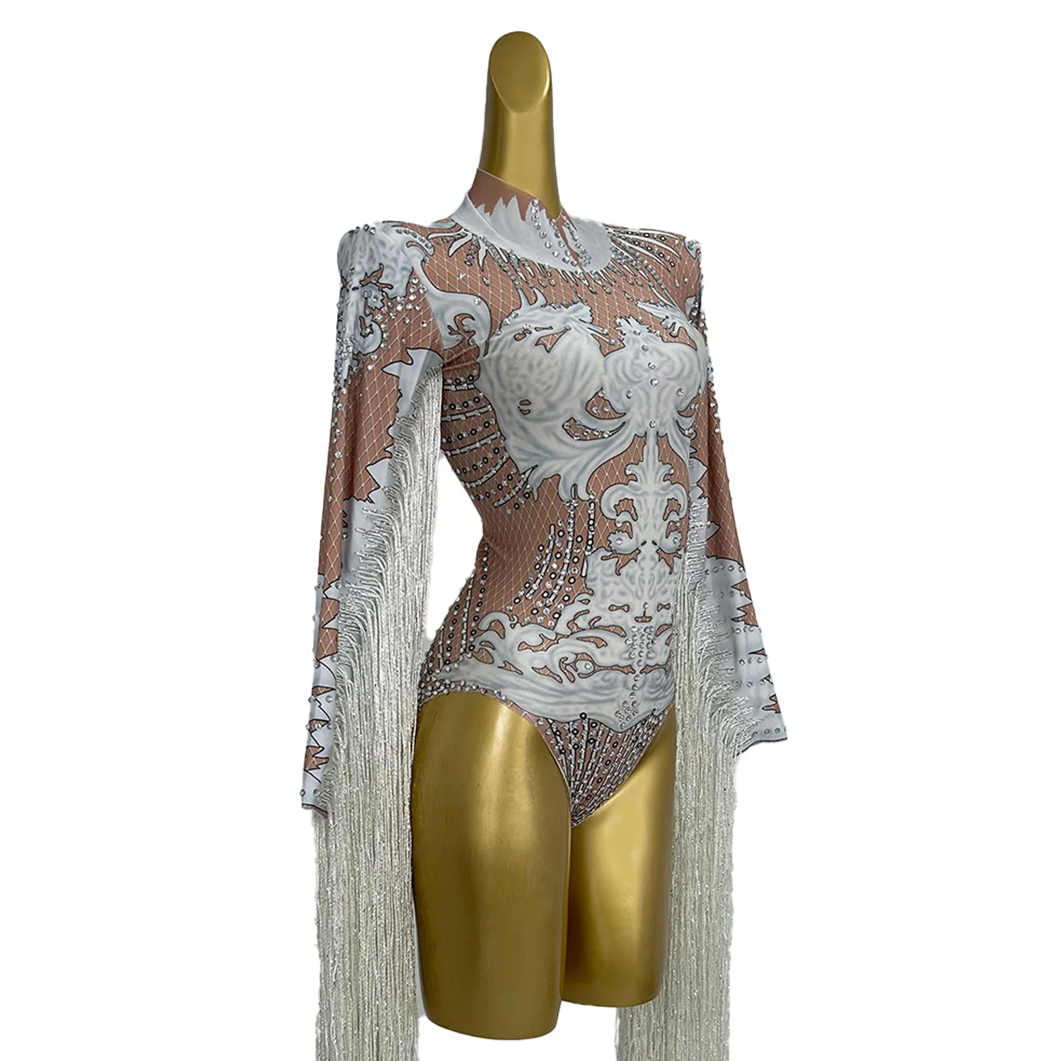 Baitiane Rhinestone Tassel Leotard Dress for Women's Latin Jazz Dance Performance Clothes Ballroom Fringed Samba Tango Dresses