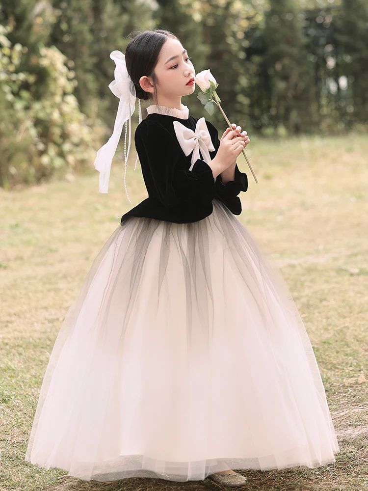 Dziewczęca sukienka księżniczki z wysokim kołnierzem i kokardą na piersi z długim rękawem do podłogi Elegancka sukienka dziecięca Sukienka dla młodszej druhny/Niestandardowe