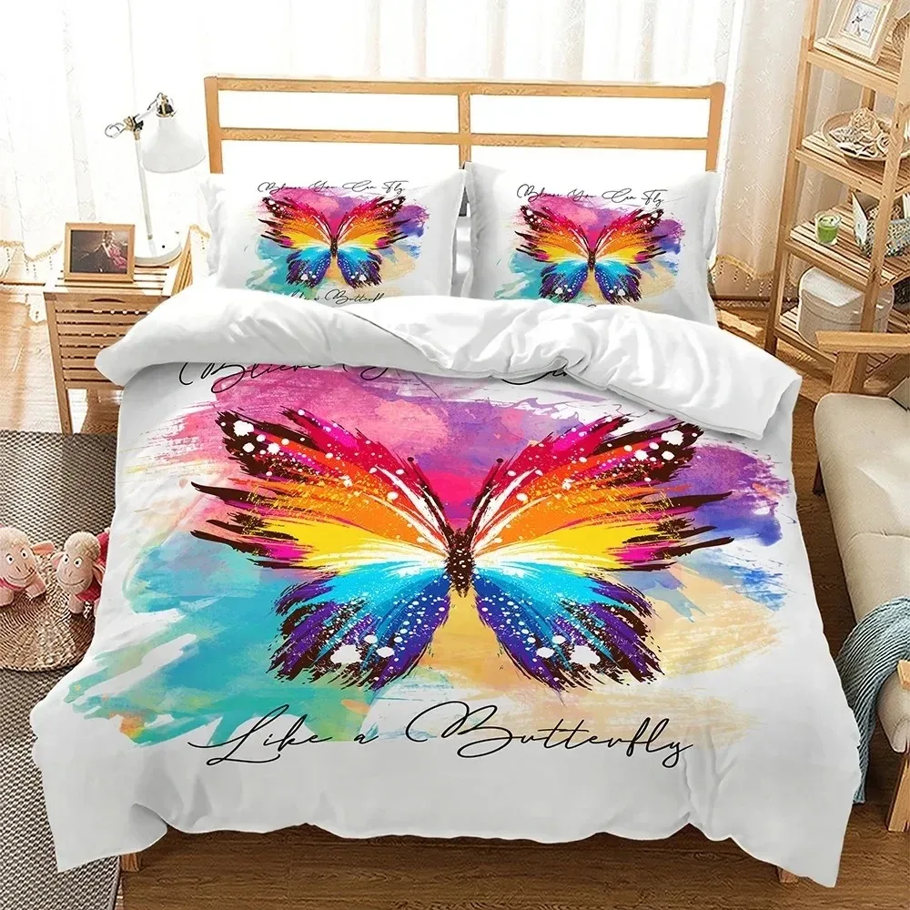 Фото Комплект постельного белья с 3D-принтом: пододеяльник, одеяло, наволочки (односпальный, двуспальный, королевский размер) – с изображением бабочек, птиц и летающих животных. Отличный подарок.