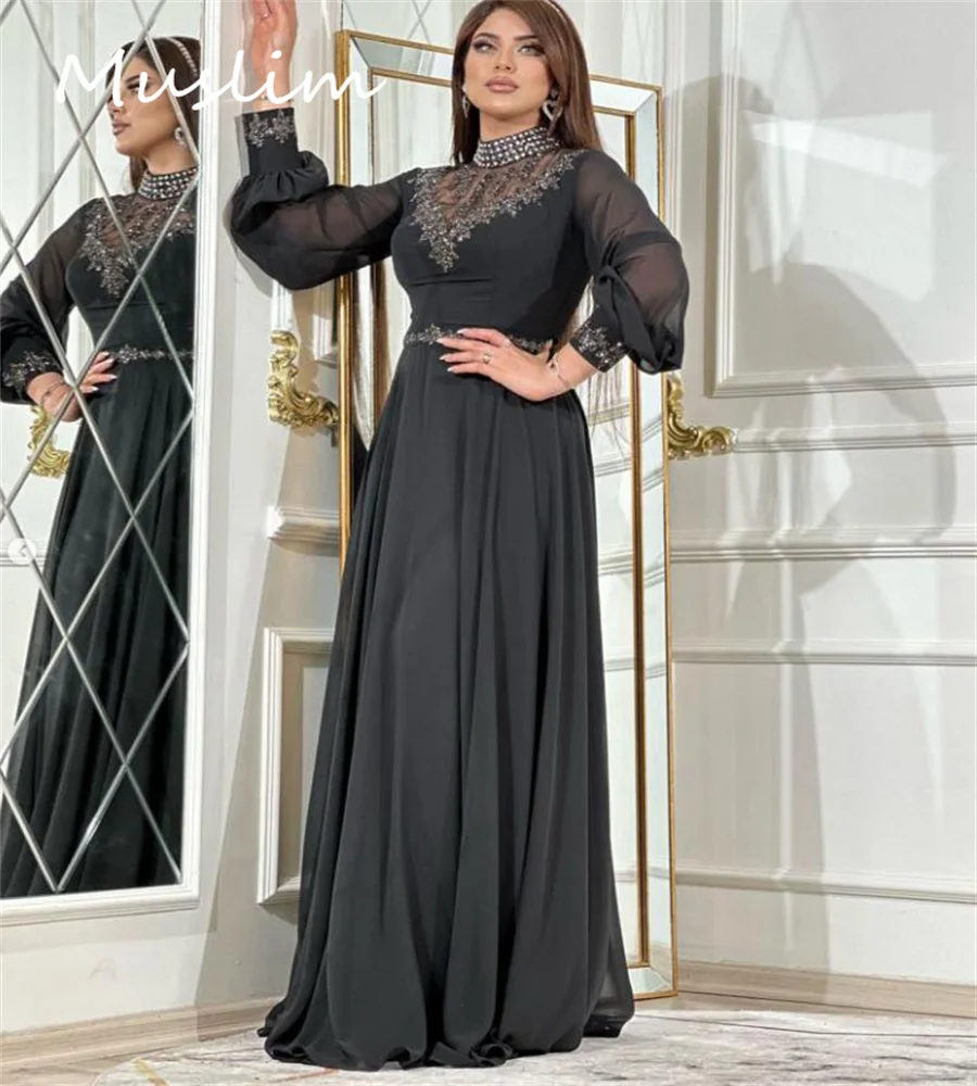 Charming Blue Crystal Evening Dress Arabia Elegant Long Sleeve Chiffon Prom Dress Elegant Formal Occasion Party Gown Customized