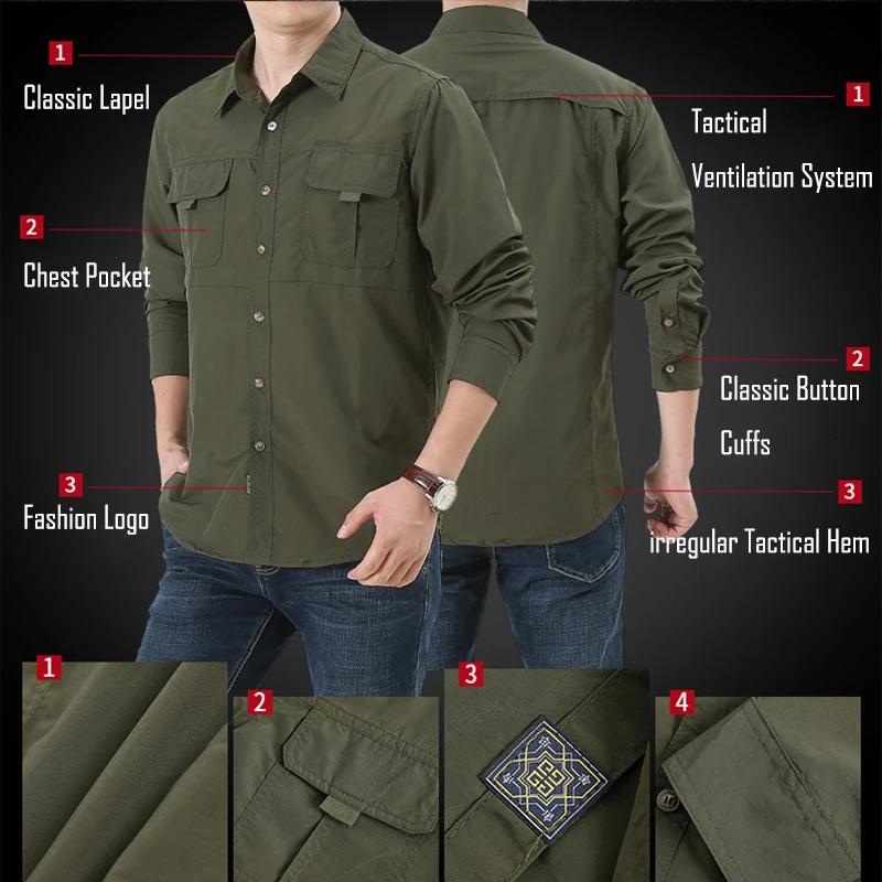 US Tactical Hiking Shirts Men Long Sleeve Cargo Work Shirts Summer Outdoor Quick Dry SWAT Military Combat Hunting Fishing Shirt