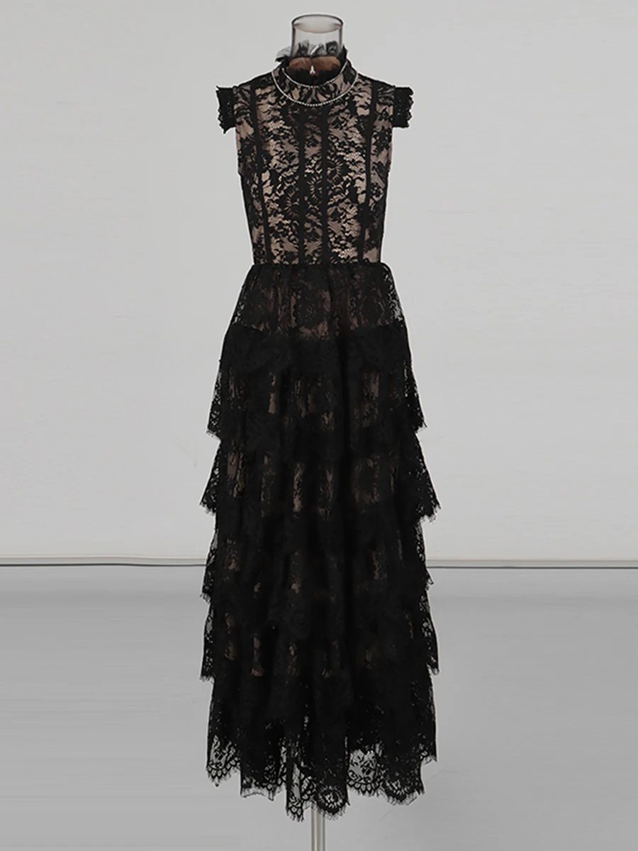 CHICEVER 솔리드 스플 라이스 스태킹 레이스 스위트 드레스 여성 터틀넥 민소매 우아한 여성 드레스 여름 스타일 패션 새로운