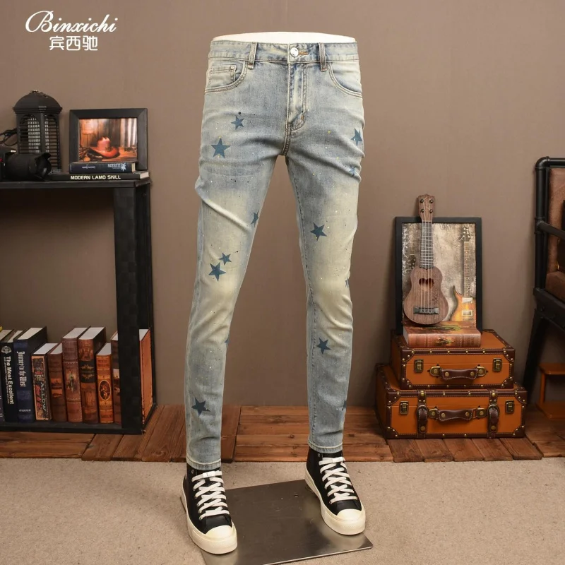 Lightweight denim pants for summer 2026 with vintage retro prints, slim skinny cut that is soft and elastic, versatile casual lo