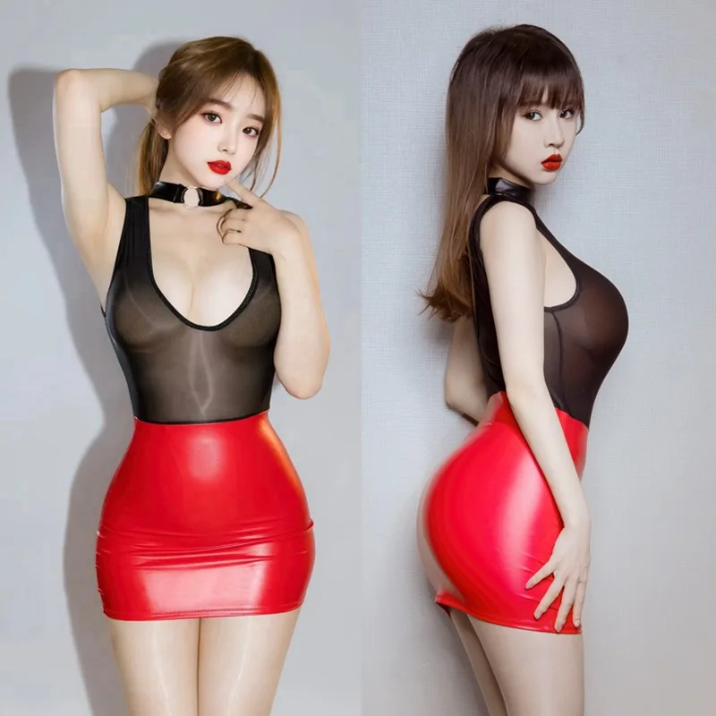 

PU Mesh Patchwork Sexy Women Cheap Dress Sheer See Through UltraShort Mini Dress Wrap Hip Tight Evening Dress Sleeveless Cute