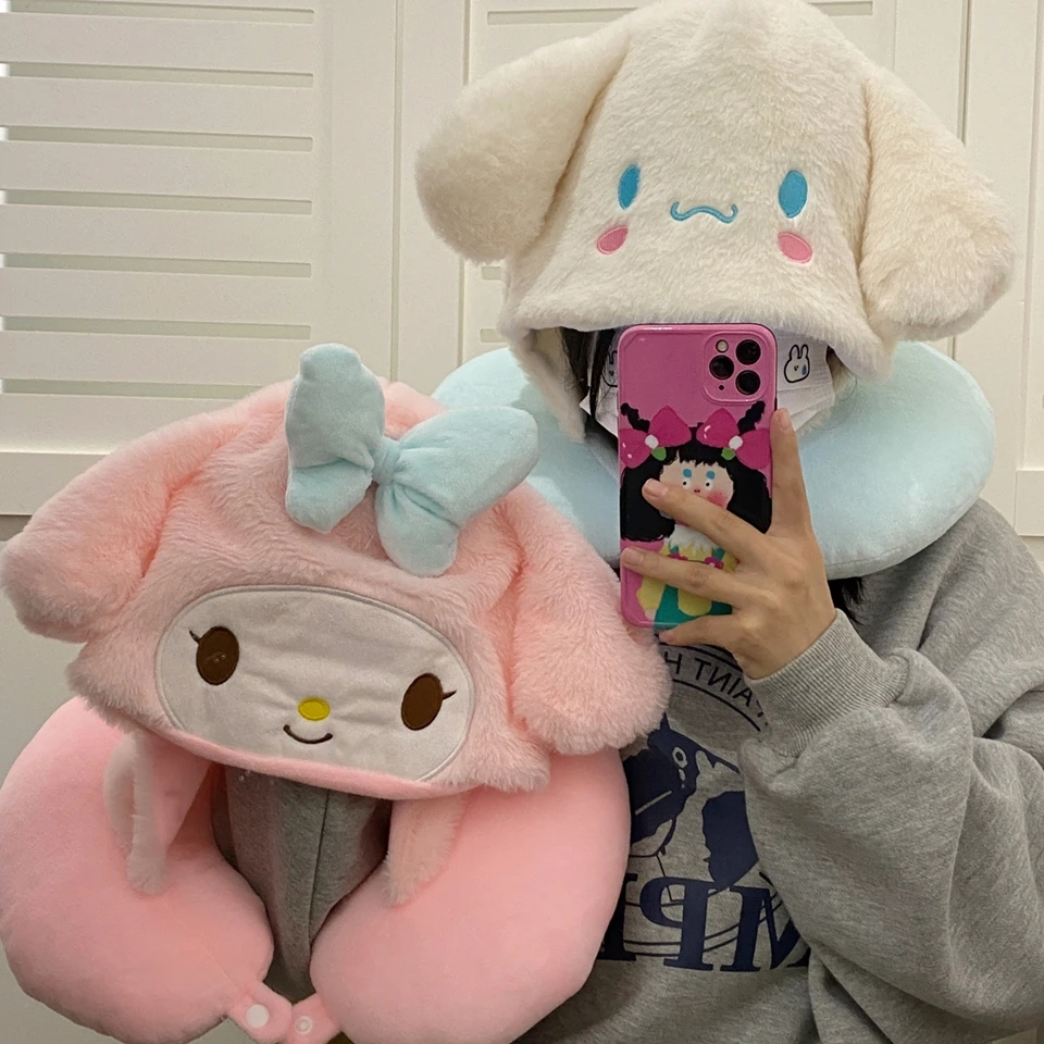 

Cartoon My Melody U-shaped Hooded Neck Pillow Cinnamoroll Travel Blackout Nap Pillow Office Japanese style Pillow With Hat