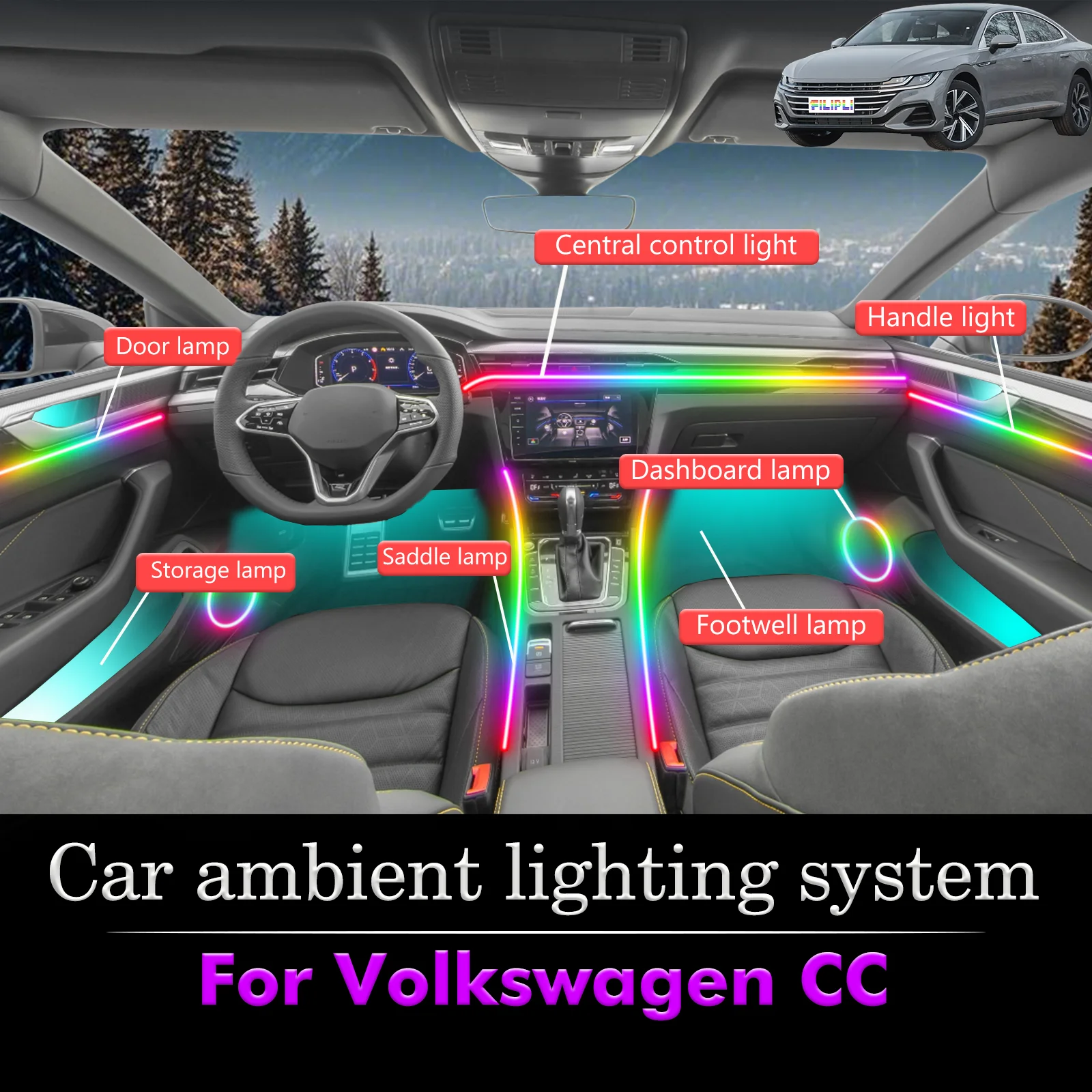 

For Volkswagen CC Car Interior Ambient Lamp Kit RGB 64-Color LED Smart Remote Control Energy Saving Efficient Lights