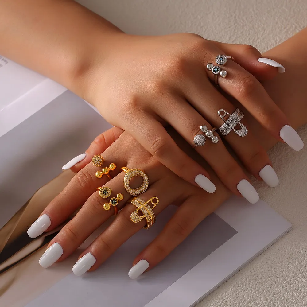 خاتم إصبع دائري مفتوح للنساء مطلي بالذهب ، أحجار الراين الفاخرة على شكل دبوس ، الفولاذ المقاوم للصدأ 316L ، هدية مجوهرات Colorfast