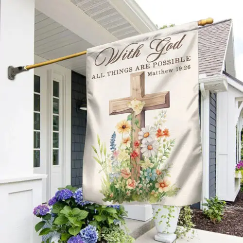 With God All Things Are Possible Wooden Cross Flowers Garden Flag - House Flag