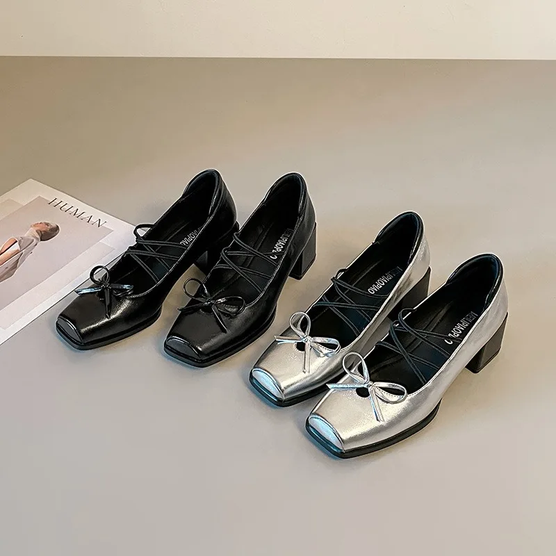 

Women's Retro Square Toe Mary Jane Shoes Cross Strap Bow Knot Block Heel Silver Black Dress Shoes All Seasons Small Size