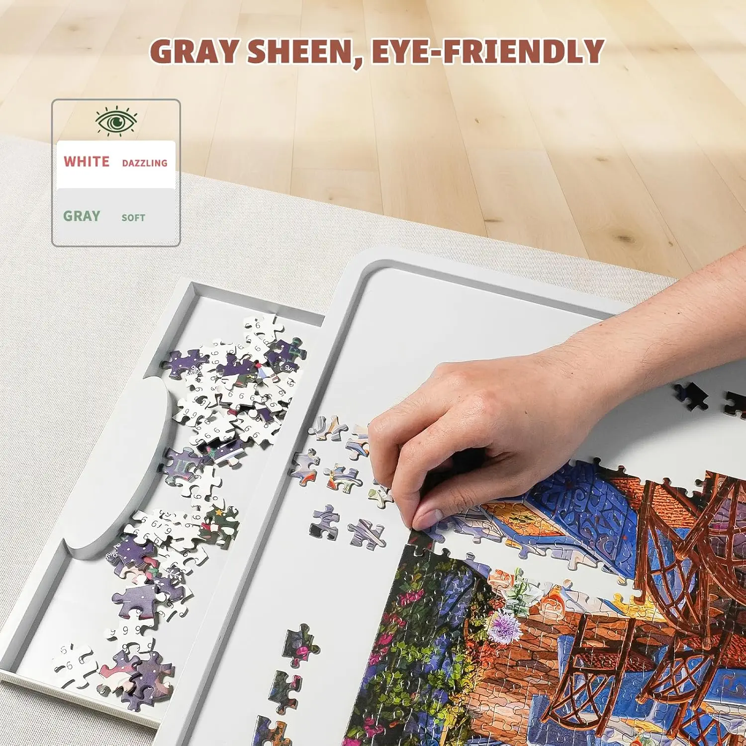 Roterend puzzelbord voor 1500 stukjes met 6 schuifladen en deksel – 360 °   Lazy Susan Spinning, 34,25"x26,38" draagbaar plastic