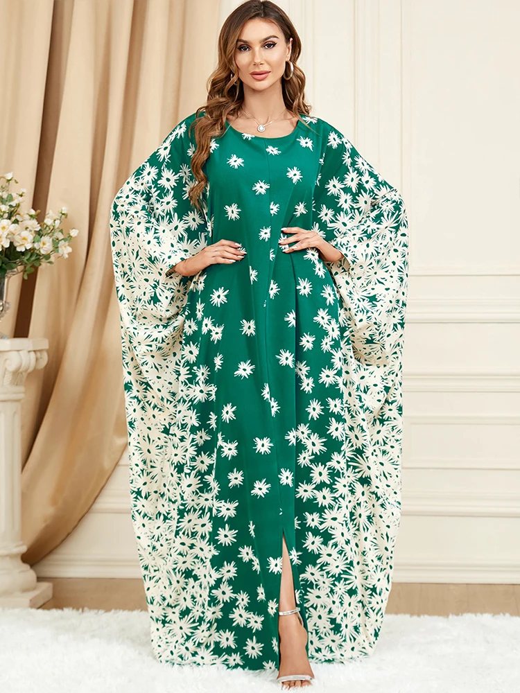 Middle Eastern Muslim clothing green robe bat sleeve loose floral dress