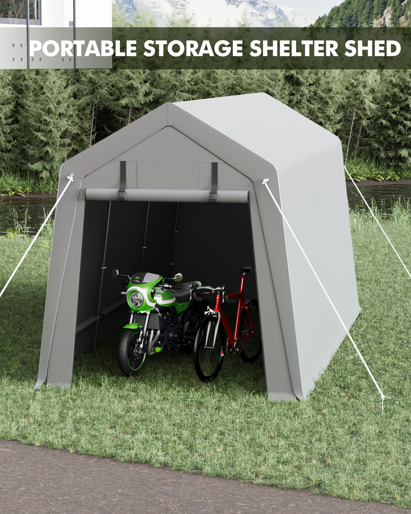 Motorcycle Storage Sheds 7x12 FT Portable Shed with Rolled up Zipper Door, Waterproof, Storage Tent Heavy Duty for Motorcycle