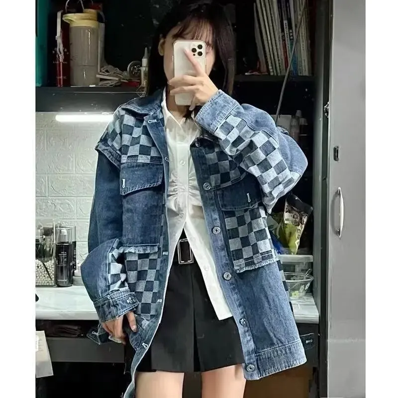 

Denim Coat Women Autumn Winter 2024 New, Loose Retro American Design Sense, Checkerboard Patchwork Jacket on Women's Coat