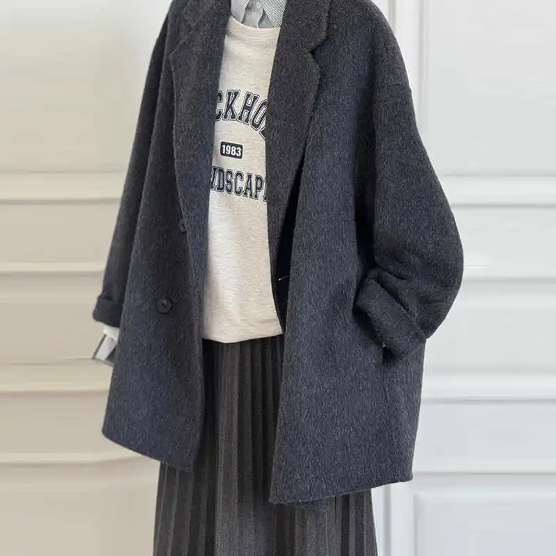 Grey Double-Sided Woolen Coat Women'S 2025 Autumn And Winter New Style Hepburn Style High-End Suit Jacket - Image 3