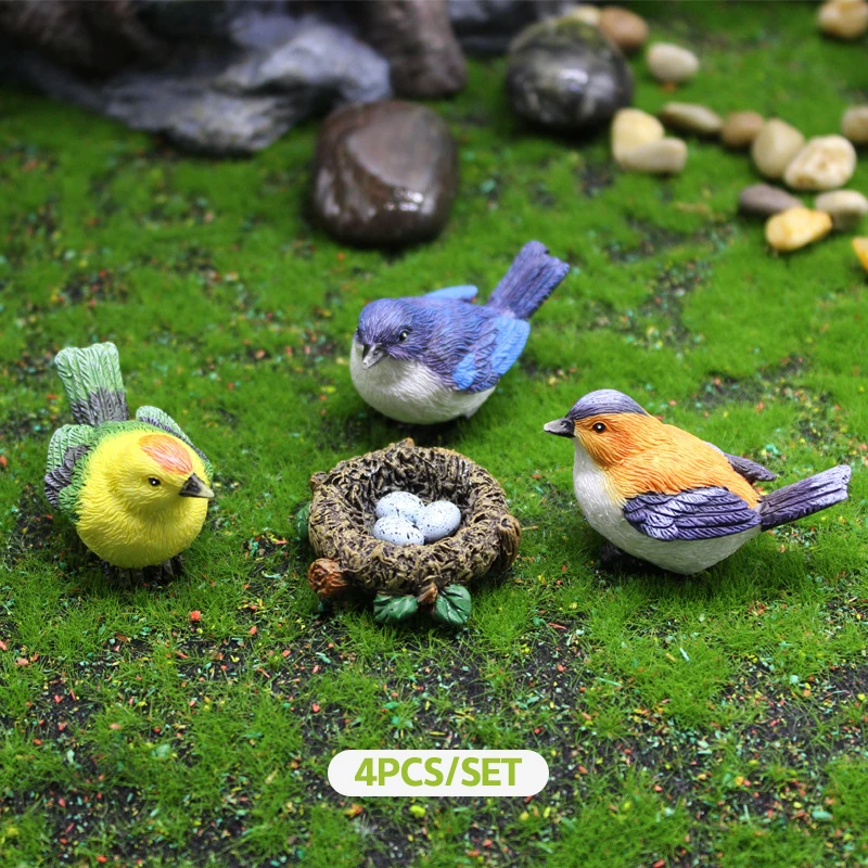 4Pcs/Set Birdie Figurines Landscape Ornaments Bird's Nest Bird Eggs Mini Resin Gardening Bonsai Simulation Model Dollhouse Decor
