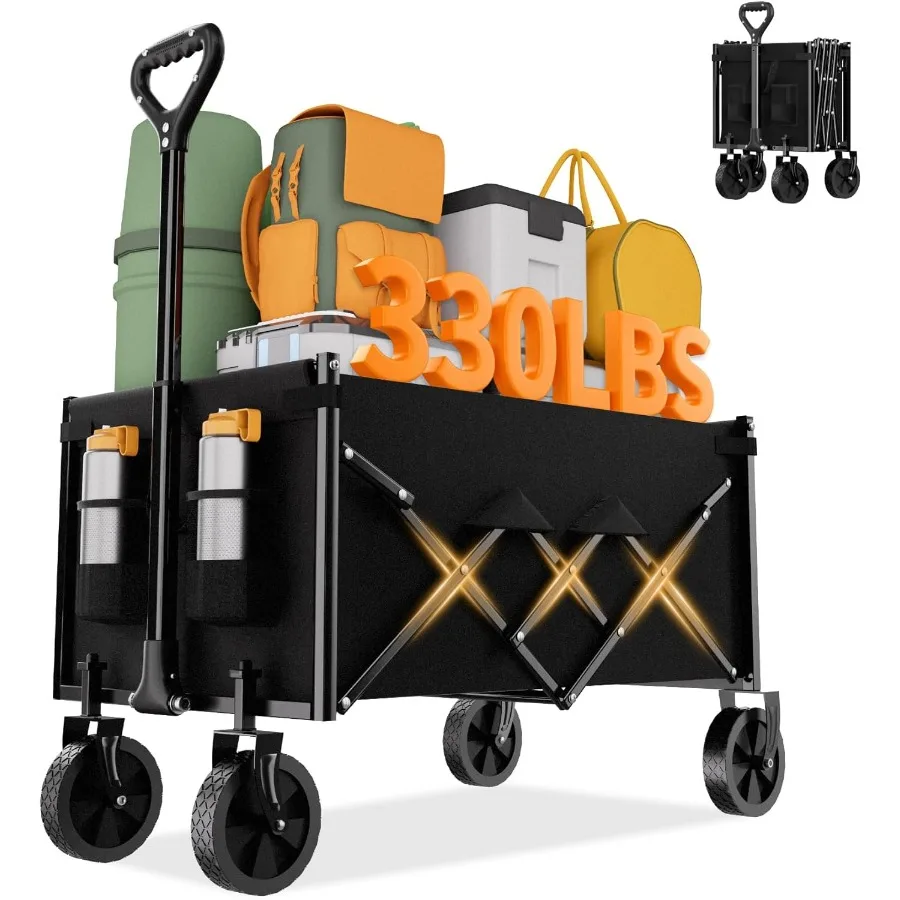 

Складной Wagon 100L 330LBS Сверхмощные тележки Складные портативные складные вагоны с вездеходными колесами Держатели для напитков