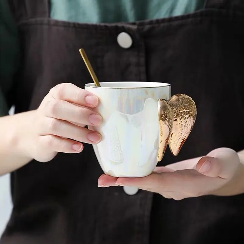 Creative Ceramic Mug Golden Wing Angel Wings Cup Light Luxury Tea Cup Mugs Coffee Cups Tumbler Kawaii Birthday Gifts Cup