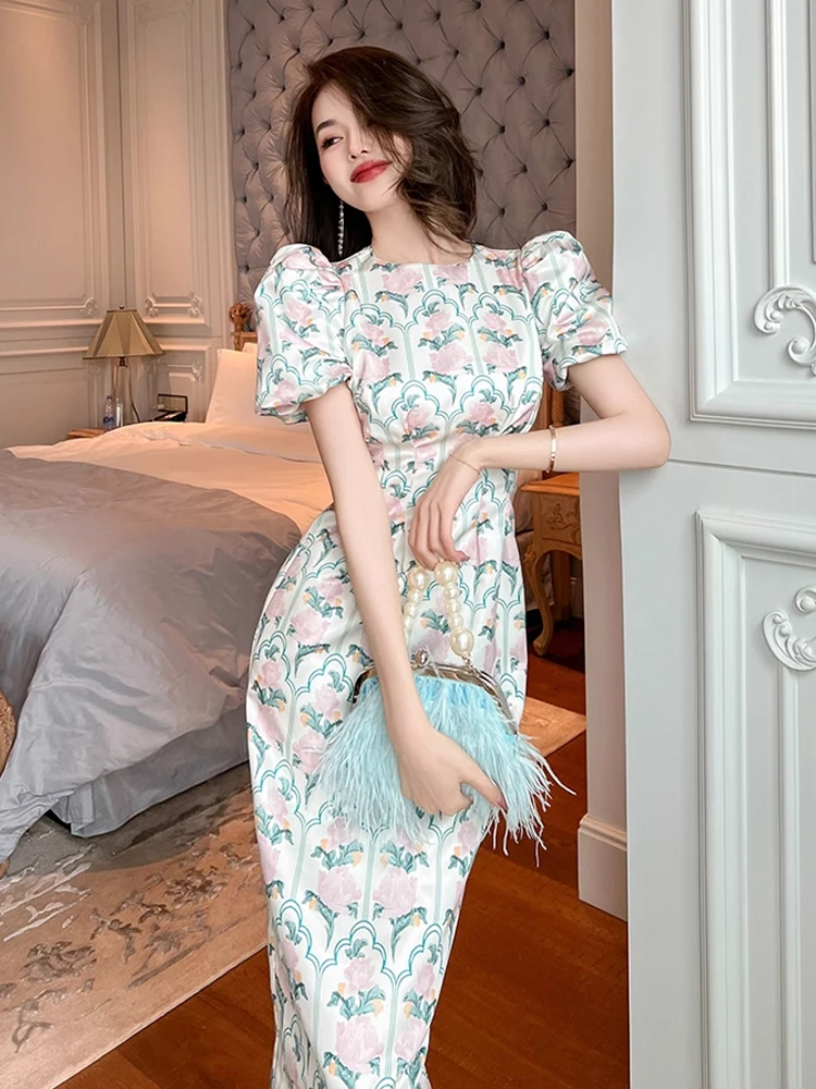 Summer Elegant Office Women Evening Dress Sweet Print O-Neck Slim Midi  Dresses Party Gown Vacation Birthday Robe Mujer Vestidos
