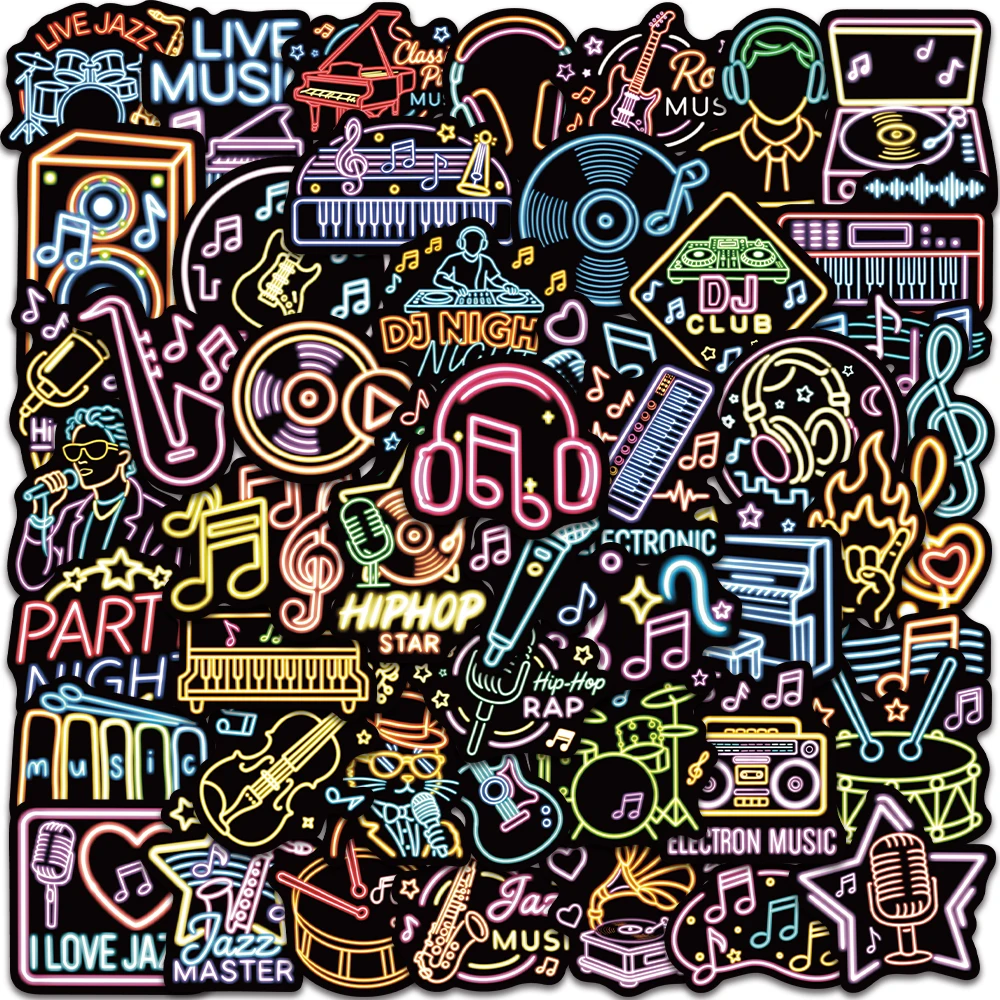 50pcs Neon Music Sticker Retro DJ & Musical Instrument Aesthetic Decal for Phone Case Laptop Guitar Skateboard Music Party Gift