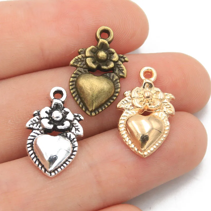10Pcs Three Color Hearts Charms Beautiful Flower Pendant Metal Alloy For DIY Necklace Bracelet Earrings Marking