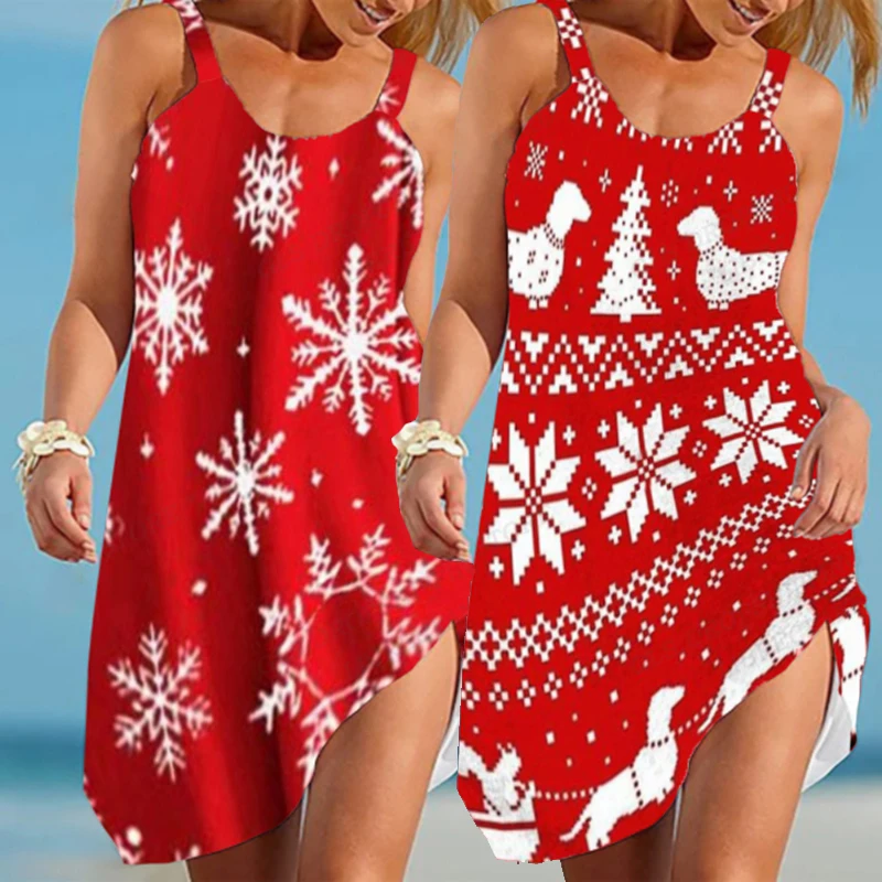 Christmas Dress Snowflake Women Fashion Reindeer 3d Print Dress Summer Sleeveless Traf Red Sexy Dress Sundress Vestios Hawaiian