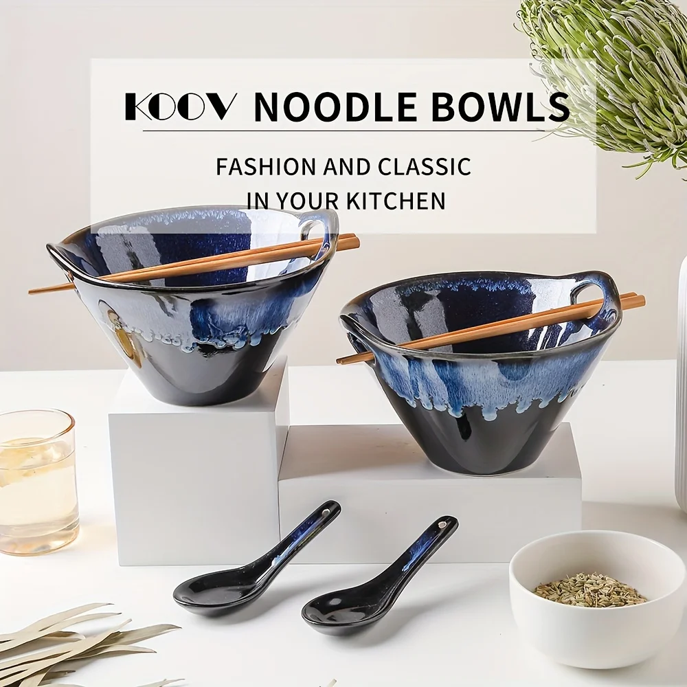 Juego de 2 Tazones y Cucharas de Porcelana para Ramen KOOV, Tazón Profundo para Pho de 26 Onzas, Tazón Japonés para Ramen con Palillos y Cucharas, R