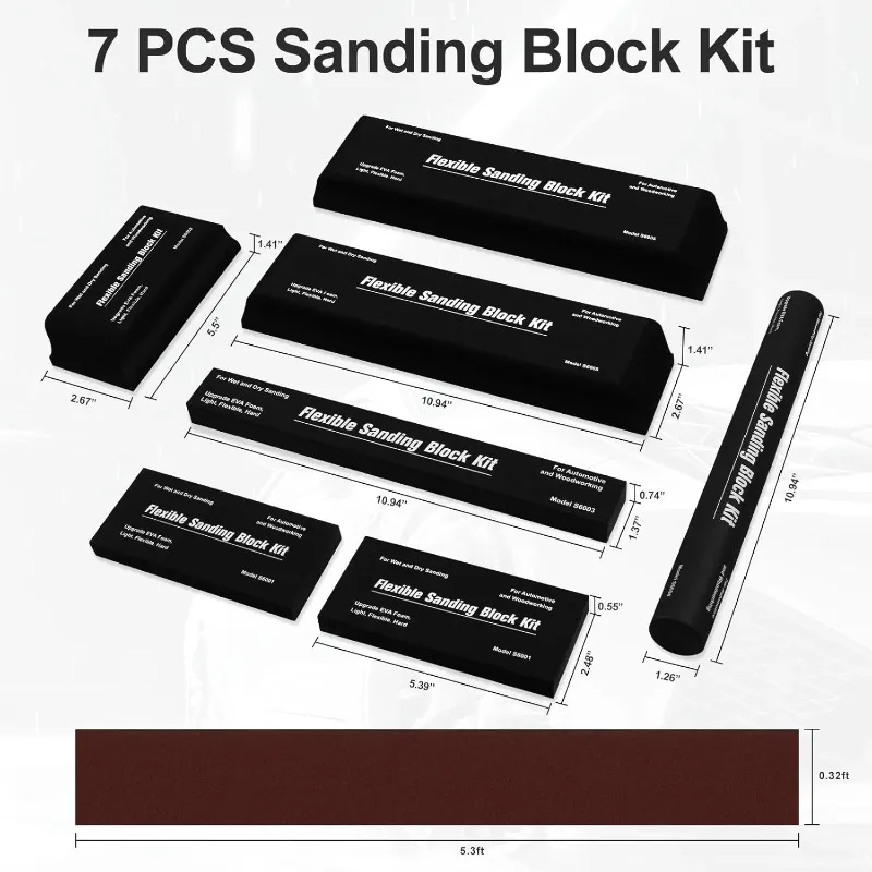 7-piece EVA foam dry wet sandpaper and sand block kit for woodworking and automotive body use