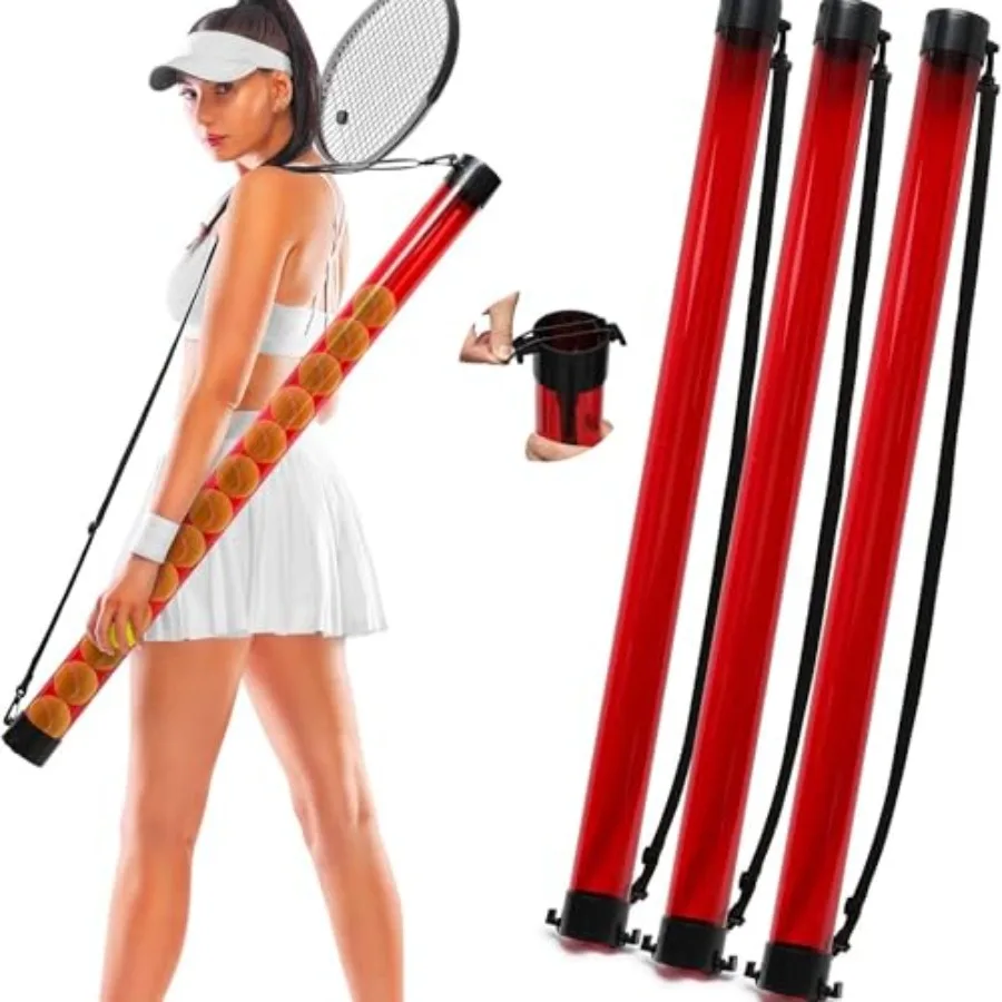 

Tennis ball pickup tube carrier for outdoor courts durable plastic black with yellow accents holds 18 balls includes shoulder s