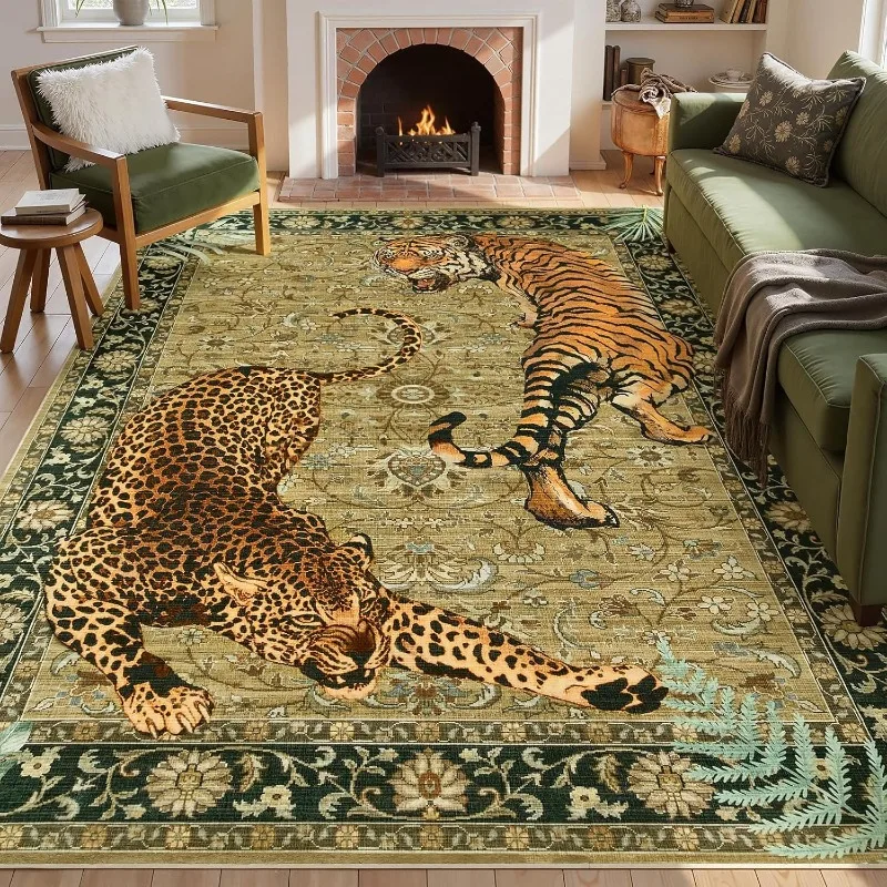 

Bohemian Tiger Print Pattern Living Room Carpet Home Sofa Coffee Table Non-slip Floor Mat Washable Foldable Bedroom Bedside Rug