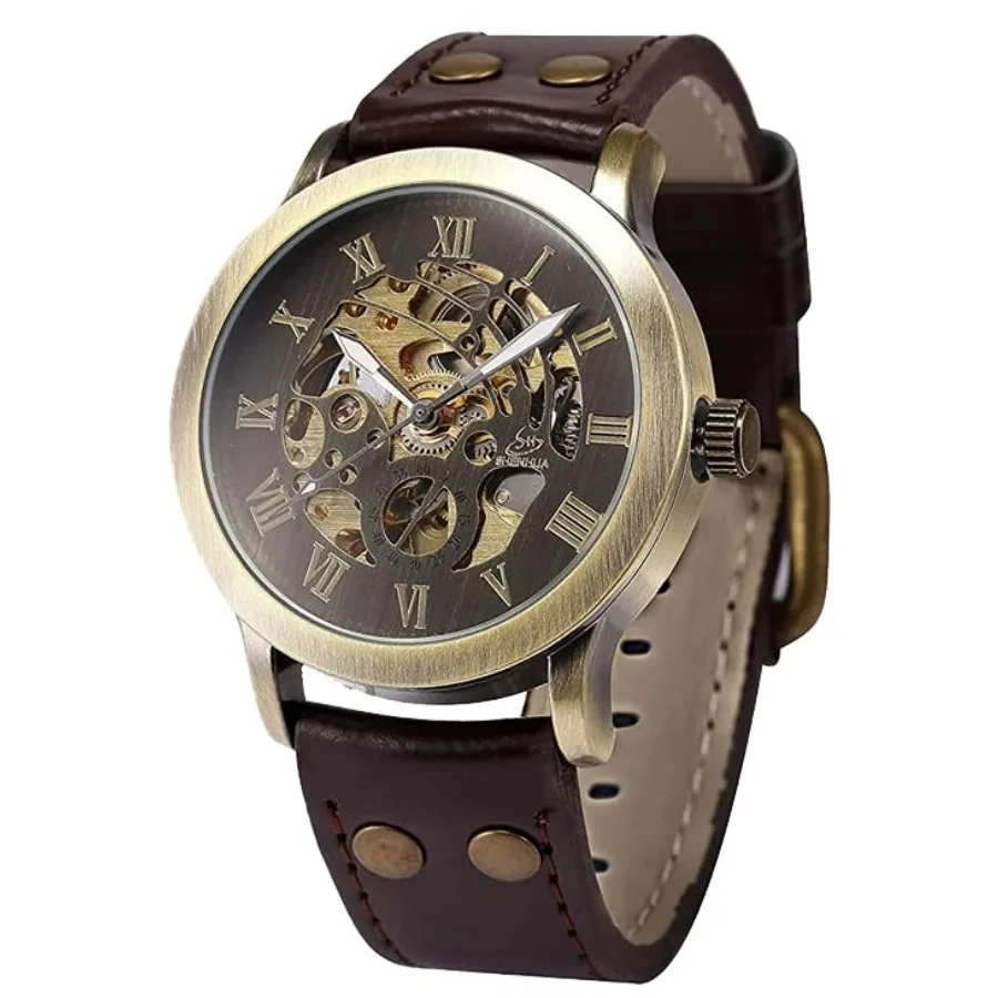 

FANMIS Men's Steampunk Bronze Skeleton Self-Winding Automatic Mechanical Brown Leather Wrist Watch