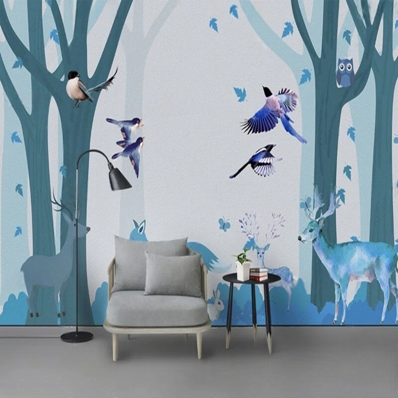 Modern Forest Hand-Drawn Tree Forest Red Deer Fox Birds Little Birds Maple Leaves TV Countryside Village Romance Wall Sticker