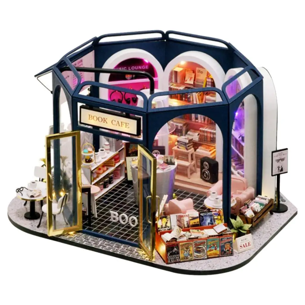 Miniature Dollhouse with Furniture Kit LED Light & Battery Case Crafts Modern Book & Coffee House 3D Puzzles Toy for Girls