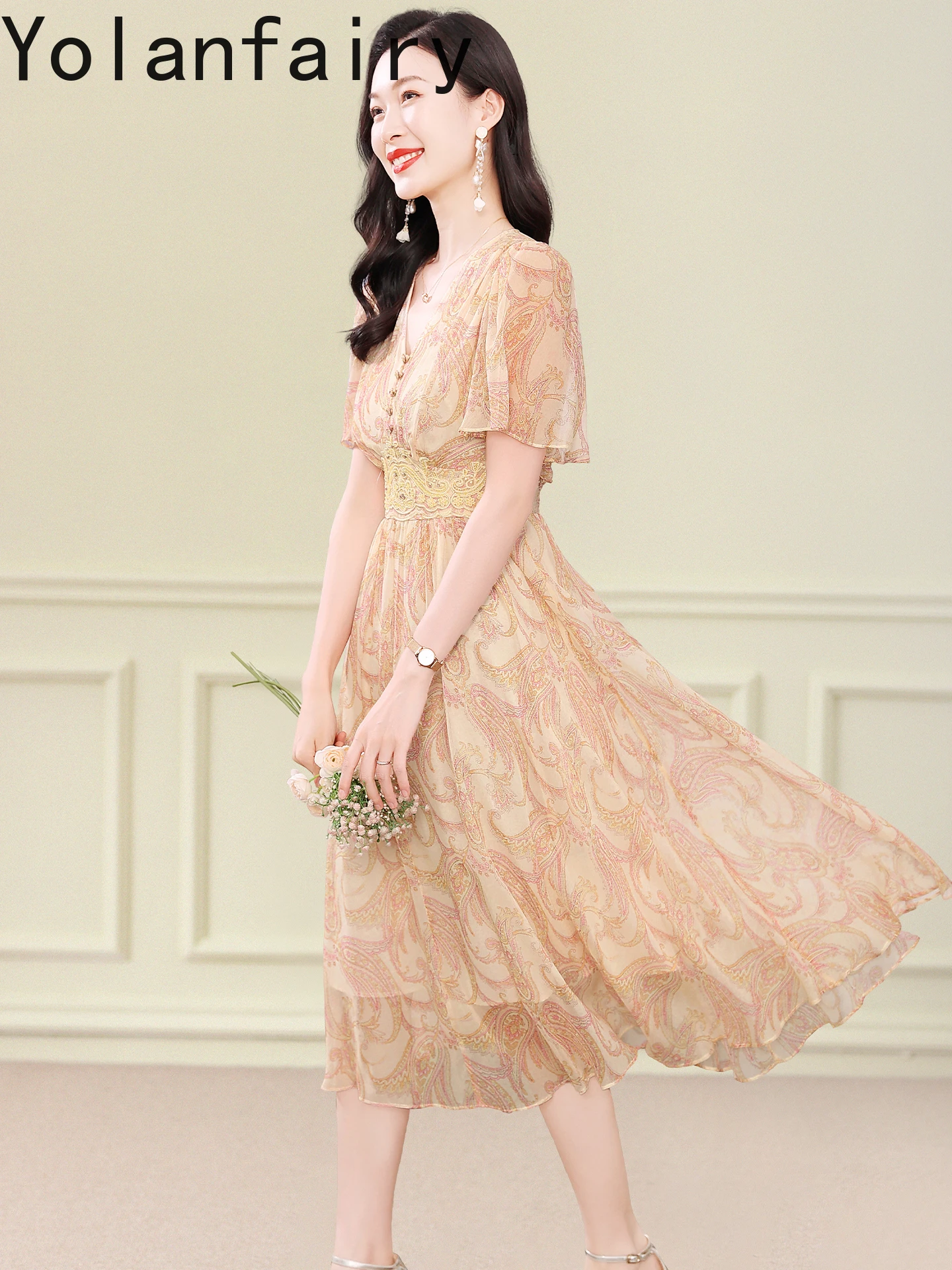 YOLANFAIRY Fashion 100% Natural Mulberry Silk Women Dress Summer Luxury Cinched Waist Dresses Woman V-neck Floral Beach Dress