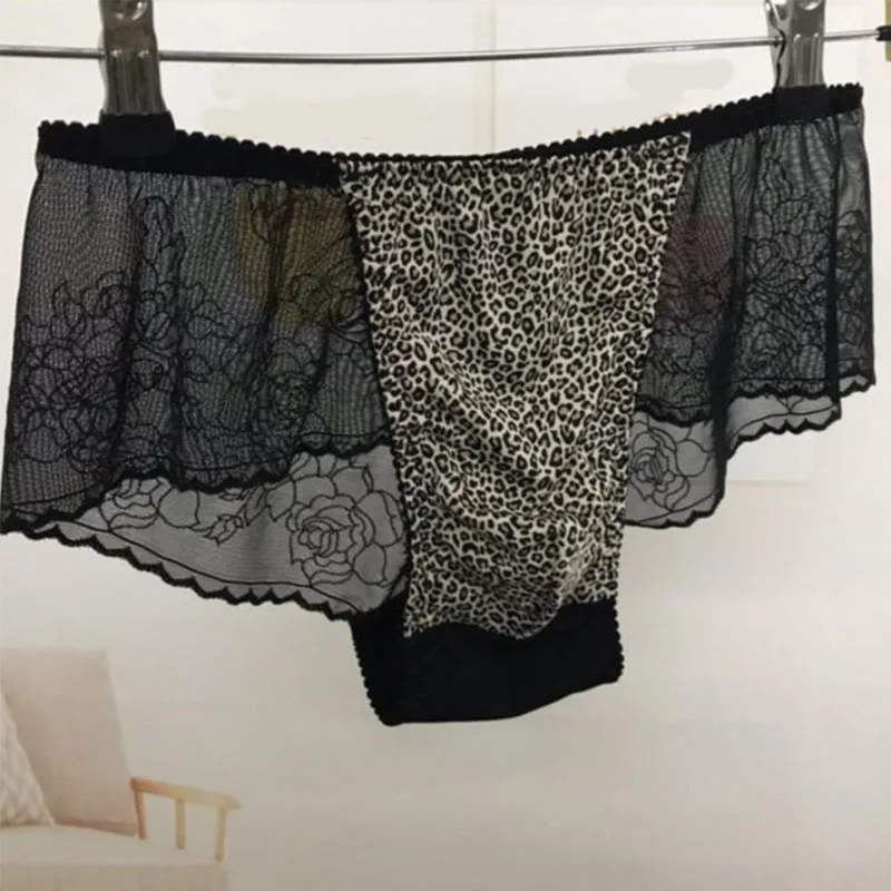 

Sexy Man's Lace Leopard Print Silky Touch Brief BF Panty Harajuku Half Sheer Hip LGBQT Group Live Show Dance Harajuku Party DJ