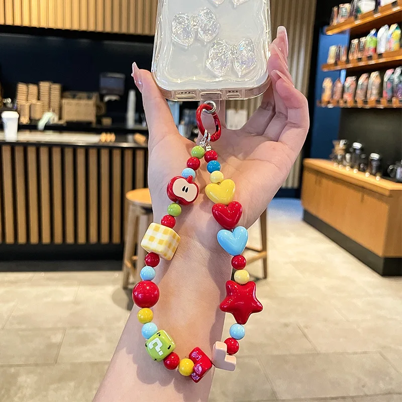 DIY Candy Dopamine Color PVC Beaded Keychain Cute Love Heart Stars Apple Bowknot Strings Keyring T Clip Included Phone Accessory