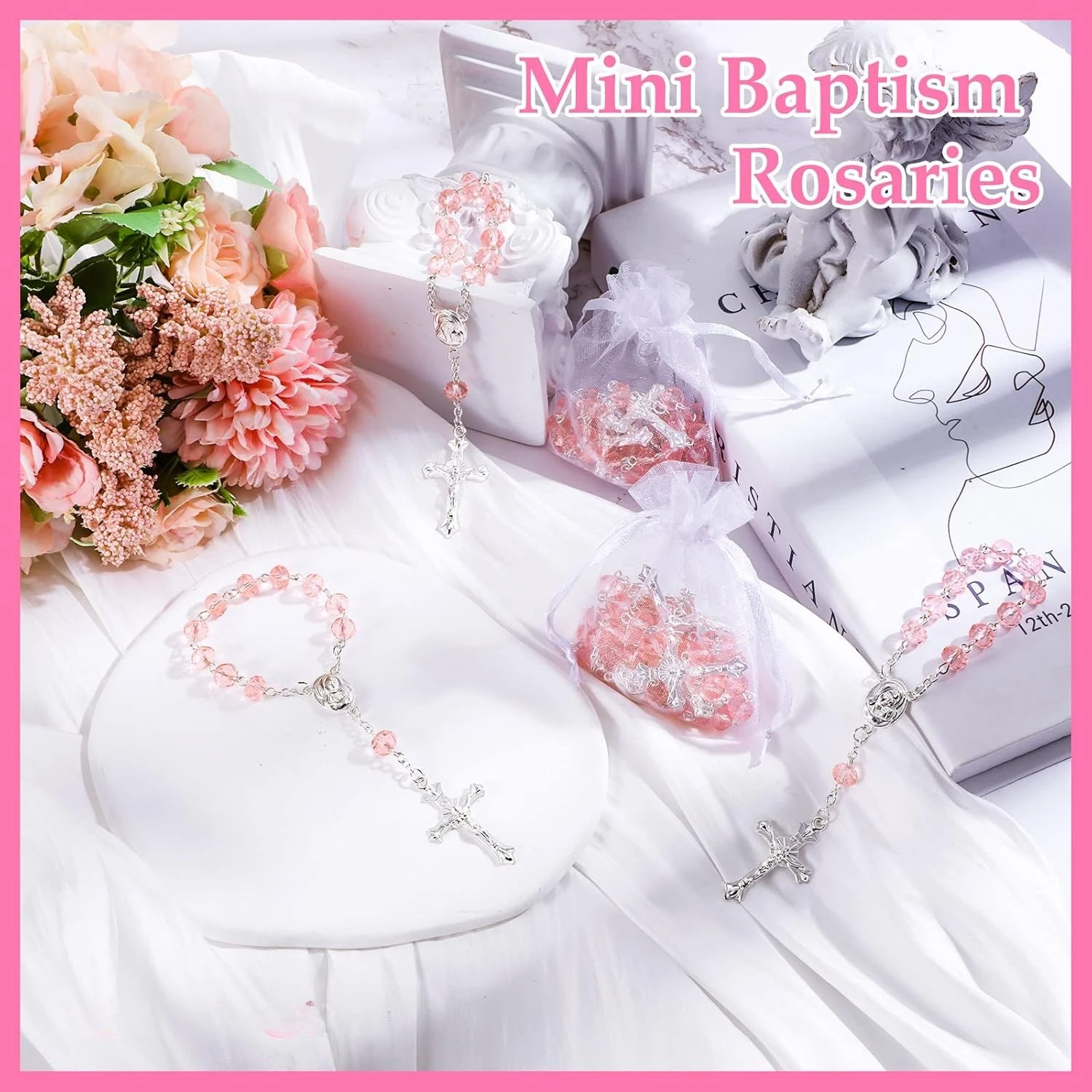 10–60 Stück Tauf-Rosenkranz, katholische Mini-Rosenkränze, Taufgeschenke für Gäste, Partygeschenke, Rosenkranz, Perlen, Organzabeutel – Detail 4