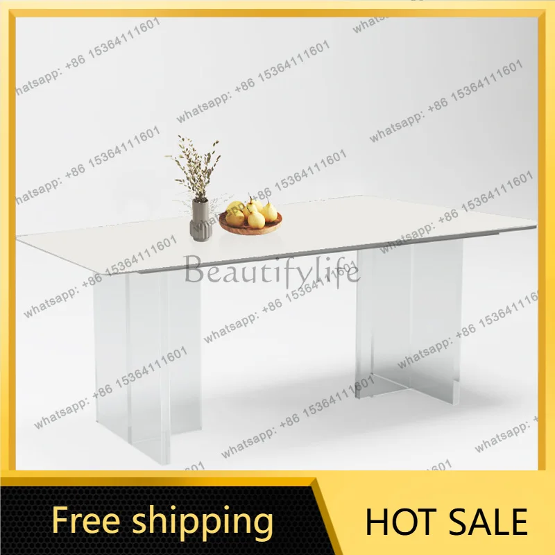 Factory Direct Sales cream-style floating dining table pure white sintered stone matte rectangular acrylic table