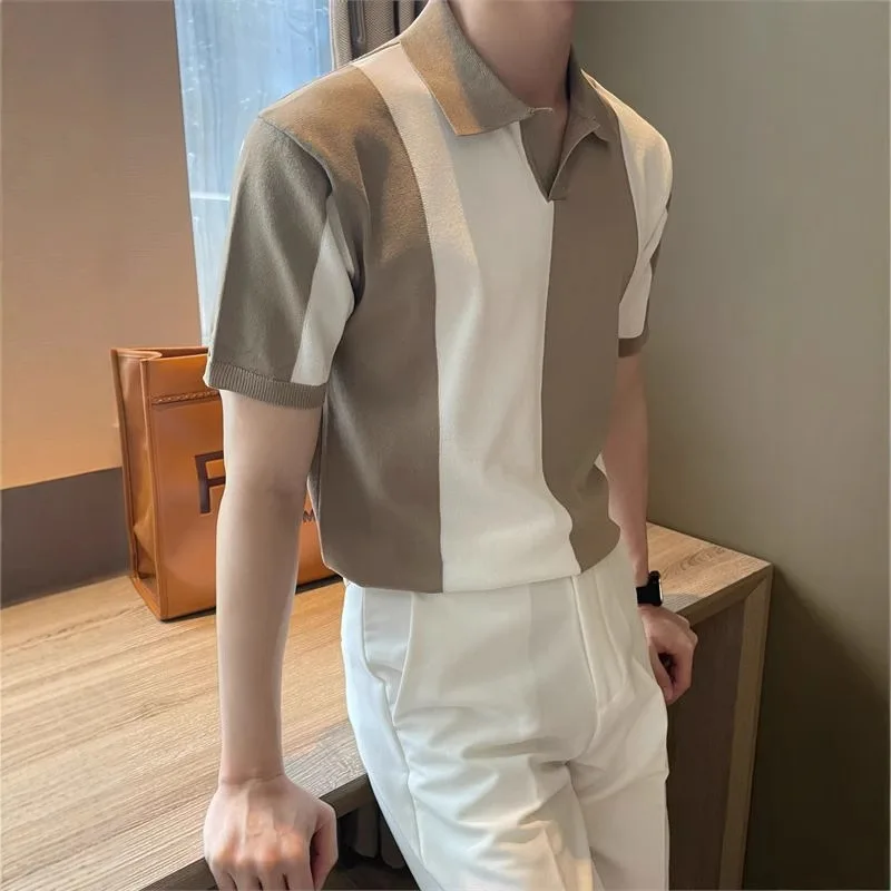 

Новая летняя мужская рубашка поло из ледяного шелка в корейском стиле с короткими рукавами и градиентом, повседневная модная трикотажная рубашка с лацканами контрастного цвета
