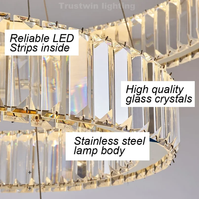 Imagem -06 - Moderno Led Cristal Teto Lustre Anel Redondo Pendurado Luz Lâmpada Cromada Dourada Sala de Jantar Sala de Estar Hall Escadaria