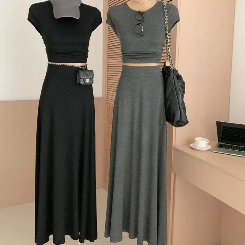 

Женские комплекты в корейском стиле, футболка с коротким рукавом, длинные юбки с высокой талией, для отдыха, на каждый день, для поездок на работу, простой минималистский темперамент, элегантный