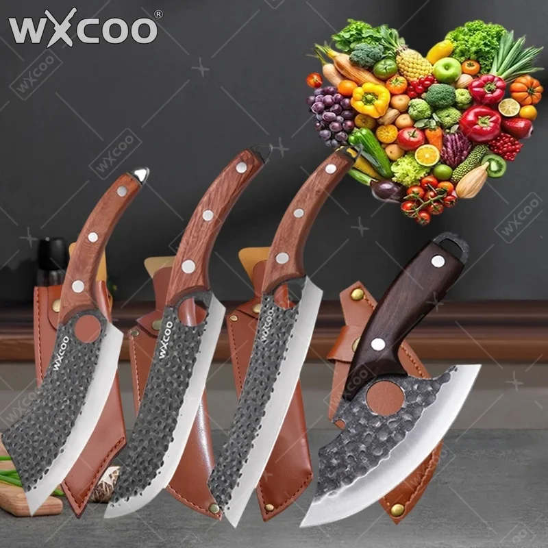 WXCOO 1~4pcs Kitchen Knife Set Stainless Steel Handmade Forged Meat Cleaver Boning Fruit Slicing Butcher Knife Cutting Board