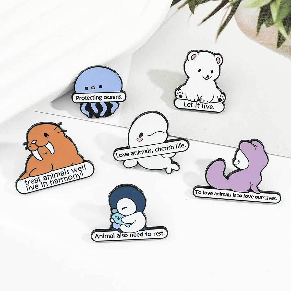 Cute Marine Animals Enamel Pins Whale Dolphin Polar Bear Brooches Lapel Pin Cartoon Ocean Creature Jewelry For Kid Friends