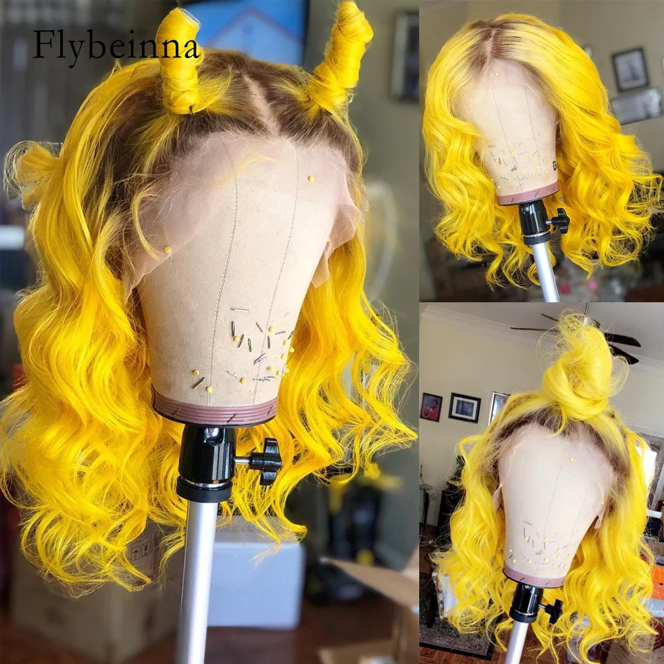 

13x4 Lace Frontal Short Bob Wig Yellow Ombre #4 Transparent HD Lace Highlight Human Hair Wig For Black Women Transparent Wigs