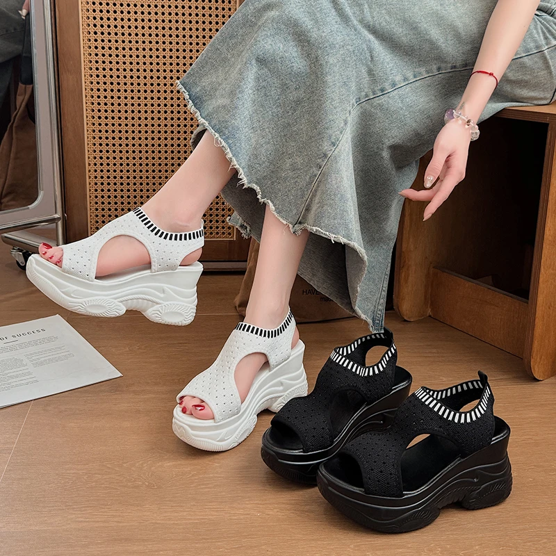 Women Platform Wedge Sandals Knit Mesh Open Toe Breathable Hollow Slip on Sandals Sole Flexible Durable Lightweight Style Shoes