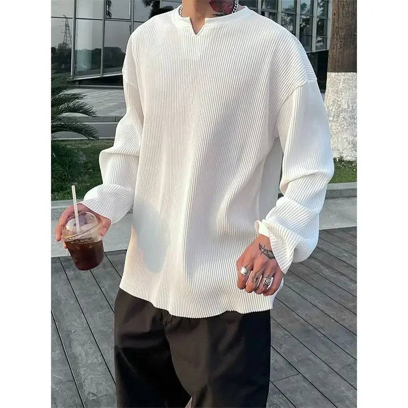 

Spring Autumn White Pleated Stripe T-Shirt Men Tops Korean Harajuku Oversized Long Sleeved T-Shirt Loose Leisure Bottomed Shirt